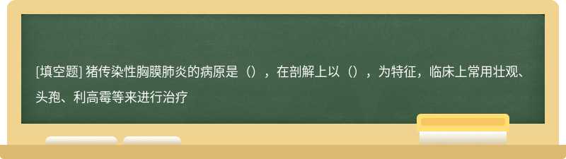 猪传染性胸膜肺炎的病原是（），在剖解上以（），为特征，临床上常用壮观、头孢、利高霉等来进行治疗