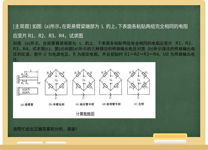 如圖 （a)所示，在距懸臂梁端部為 L 的上、下表面各粘貼兩組完全相同的電阻應變片 R1、R2、R3、R4，試求圖