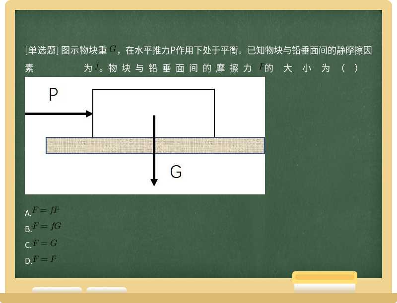 图示物块重 ，在水平推力P作用下处于平衡。已知物块与铅垂面间的静摩擦因素为 。物块与铅垂面间的摩擦力 的大小为（）  