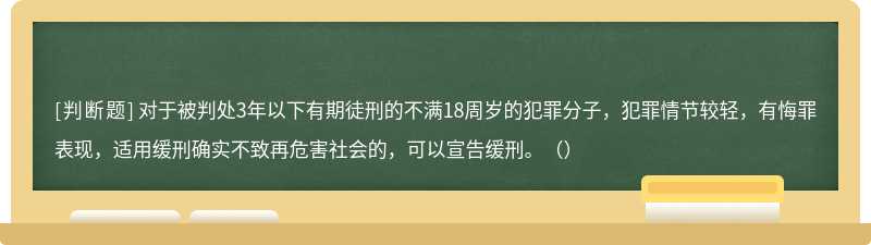 对于被判处3年以下有期徒刑的不满18周岁的犯罪分子，犯罪情节较轻，有悔罪表现，适用缓刑确实不致再危害社会的，可以宣告缓刑。（）