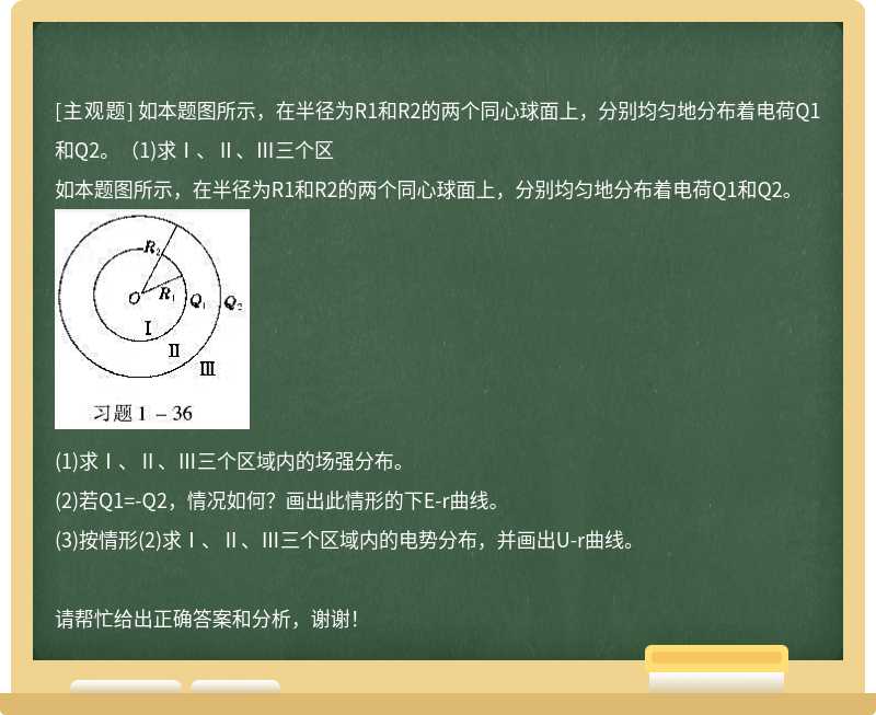 如本题图所示，在半径为R1和R2的两个同心球面上，分别均匀地分布着电荷Q1和Q2。（1)求Ⅰ、Ⅱ、Ⅲ三个区