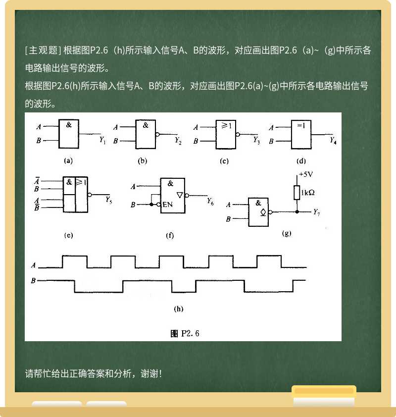 根据图P2.6（h)所示输入信号A、B的波形，对应画出图P2.6（a)~（g)中所示各电路输出信号的波形。