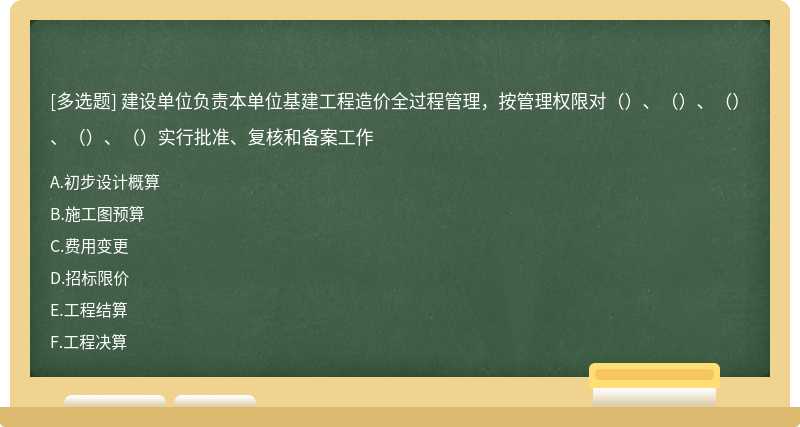 建设单位负责本单位基建工程造价全过程管理，按管理权限对（）、（）、（）、（）、（）实行批准、复核和备案工作