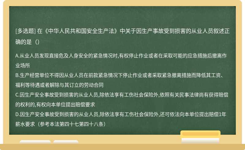 在《中华人民共和国安全生产法》中关于因生产事故受到损害的从业人员叙述正确的是（）