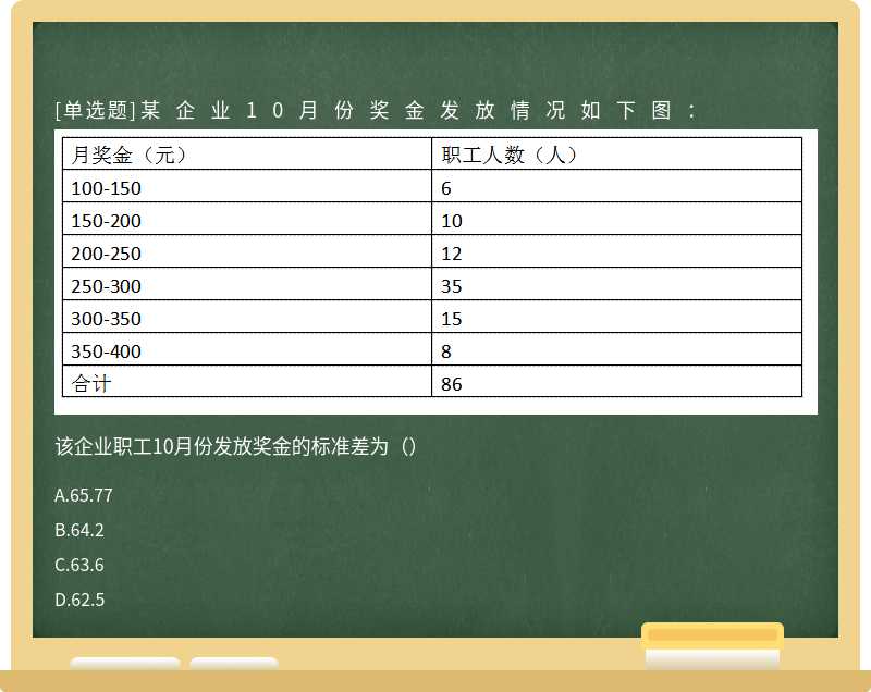 某企业10月份奖金发放情况如下图：                          该企业职工10月份发放奖金的标准差为（）