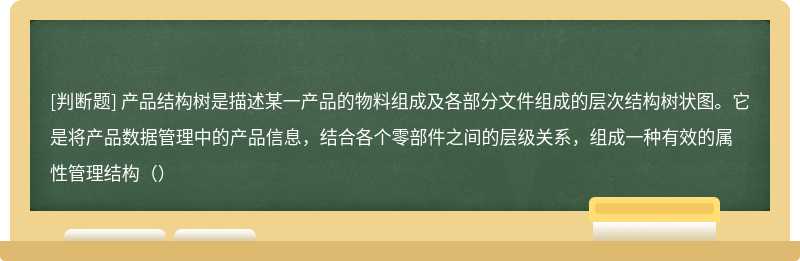 产品结构树是描述某一产品的物料组成及各部分文件组成的层次结构树状图。它是将产品数据管理中的产品信息，结合各个零部件之间的层级关系，组成一种有效的属性管理结构（）