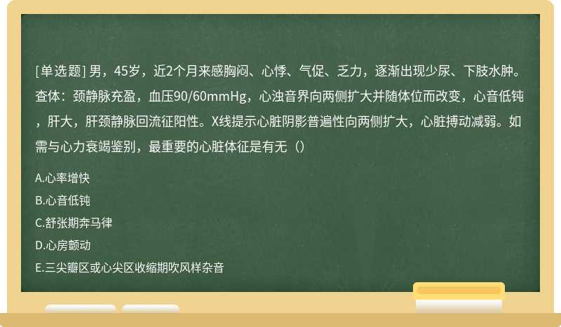 男，45岁，近2个月来感胸闷、心悸、气促、乏力，逐渐出现少尿、下肢水肿。查体：颈静脉充盈，血压90/60mmHg，心浊音界向两侧扩大并随体位而改变，心音低钝，肝大，肝颈静脉回流征阳性。X线提示心脏阴影普遍性向两侧扩大，心脏搏动减弱。如需与心力衰竭鉴别，最重要的心脏体征是有无（）