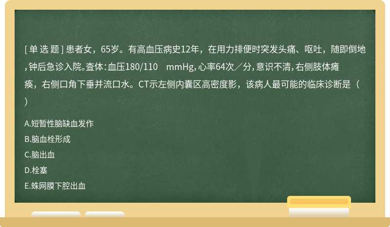 患者女，65岁。有高血压病史12年，在用力排便时突发头痛、呕吐，随即倒地，钟后急诊入院。査体：血压180/110 mmHg，心率64次／分，意识不清，右侧肢体瘫痪，右侧口角下垂并流口水。CT示左侧内囊区高密度影，该病人最可能的临床诊断是（）