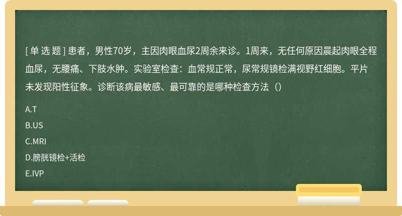 患者，男性70岁，主因肉眼血尿2周余来诊。1周来，无任何原因晨起肉眼全程血尿，无腰痛、下肢水肿。实验室检查：血常规正常，尿常规镜检满视野红细胞。平片未发现阳性征象。诊断该病最敏感、最可靠的是哪种检查方法（）