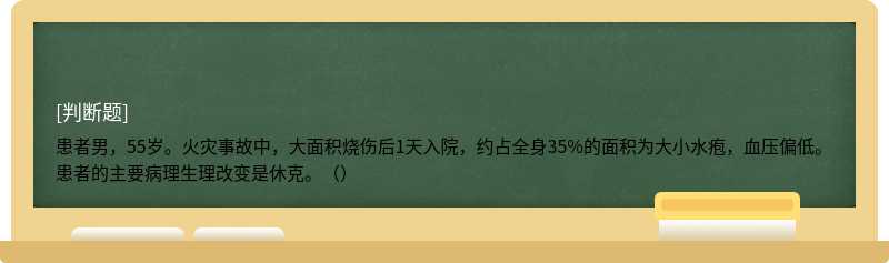 患者男，55岁。火灾事故中，大面积烧伤后1天入院，约占全身35%的面积为大小水疱，血压偏低。患者的主要病理生理改变是休克。（）