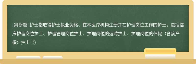 护士指取得护士执业资格、在本医疗机构注册并在护理岗位工作的护士，包括临床护理岗位护士、护理管理岗位护士、护理岗位的返聘护士、护理岗位的休假（含病产假）护士（）