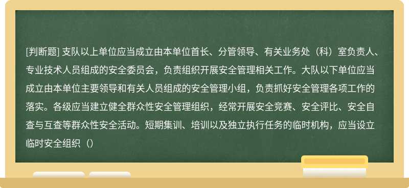 支队以上单位应当成立由本单位首长、分管领导、有关业务处（科）室负责人、专业技术人员组成的安全委员会，负责组织开展安全管理相关工作。大队以下单位应当成立由本单位主要领导和有关人员组成的安全管理小组，负责抓好安全管理各项工作的落实。各级应当建立健全群众性安全管理组织，经常开展安全竞赛、安全评比、安全自查与互查等群众性安全活动。短期集训、培训以及独立执行任务的临时机构，应当设立临时安全组织（）