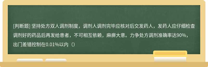 坚持处方双人调剂制度，调剂人调剂完毕应核对后交发药人，发药人应仔细检查调剂好的药品后再发给患者，不可相互依赖，麻痹大意。力争处方调剂准确率达90%，出门差错控制在0.01%以内（）