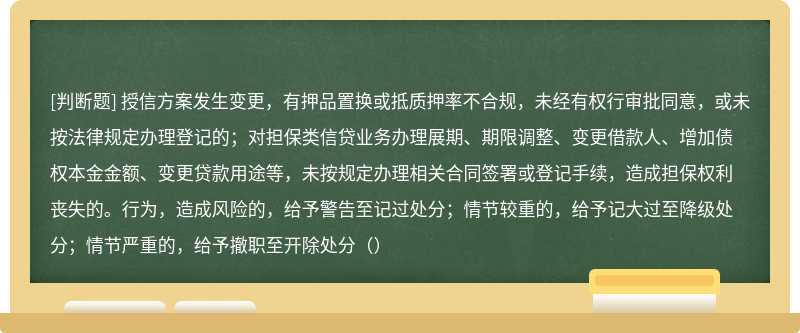 授信方案发生变更，有押品置换或抵质押率不合规，未经有权行审批同意，或未按法律规定办理登记的；对担保类信贷业务办理展期、期限调整、变更借款人、增加债权本金金额、变更贷款用途等，未按规定办理相关合同签署或登记手续，造成担保权利丧失的。行为，造成风险的，给予警告至记过处分；情节较重的，给予记大过至降级处分；情节严重的，给予撤职至开除处分（）