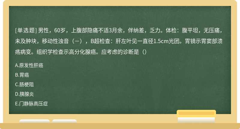 男性，60岁，上腹部隐痛不适3月余，伴纳差，乏力。体检：腹平坦，无压痛，未及肿块，移动性浊音（－），B超检查：肝左叶见一直径1.5cm光团。胃镜示胃窦部溃疡病变。组织学检查示高分化腺癌。应考虑的诊断是（）