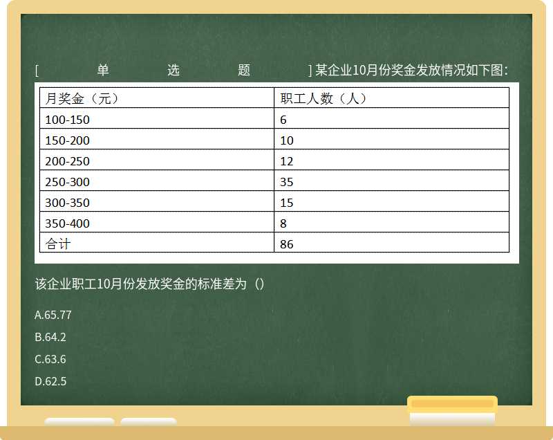 某企业10月份奖金发放情况如下图：  该企业职工10月份发放奖金的标准差为（）