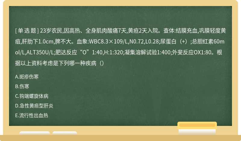 23岁农民,因高热、全身肌肉酸痛7天,黄疸2天入院。查体:结膜充血,巩膜轻度黄疽,肝肋下1.0cm,脾不大。血象:WBC8.3×109/L,N0.72,L0.28;尿蛋白（+）;总胆红素60mol/L,ALT350U/L;肥达反应“O”1:40,H:1:320;凝集溶解试验1:400;外斐反应OX1:80。根据以上资料考虑是下列哪一种疾病（）