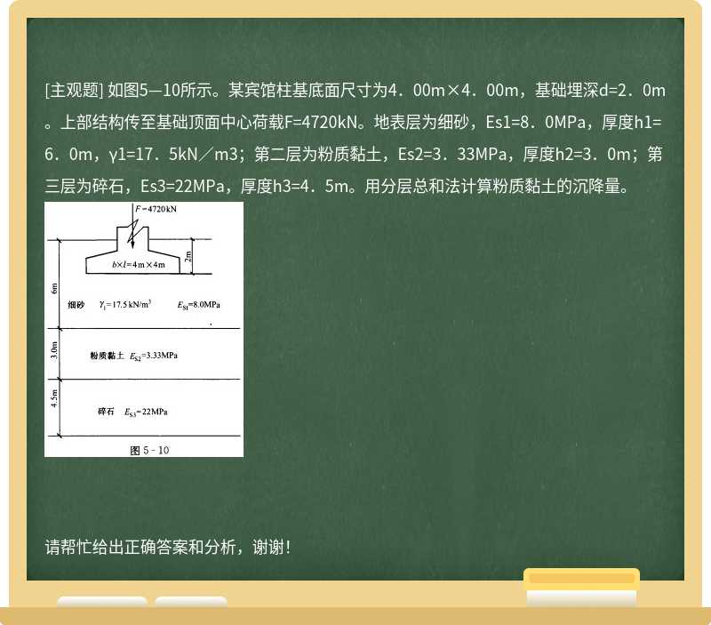 如图5—10所示。某宾馆柱基底面尺寸为4．00m×4．00m，基础埋深d=2．0m。上部结构传至基础顶面中心荷载F=