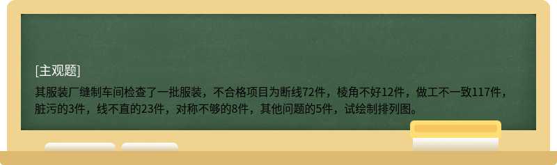 其服装厂缝制车间检查了一批服装，不合格项目为断线72件，棱角不好12件，做工不一致117件，脏污的3件，线不直的2