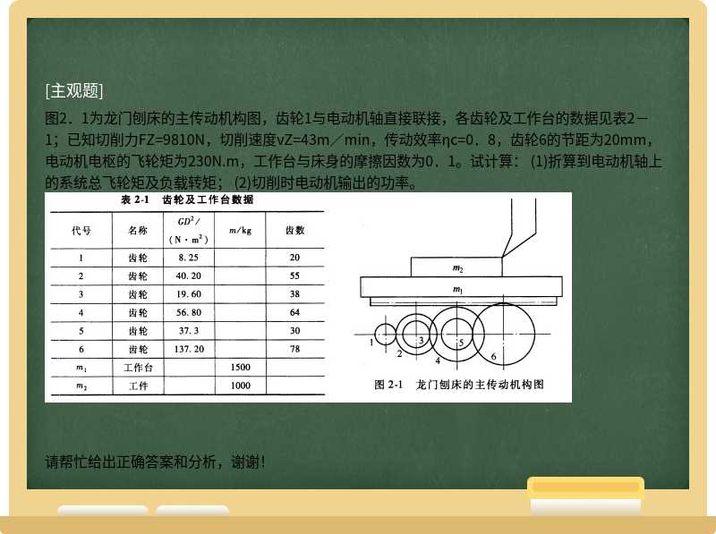 图2．1为龙门刨床的主传动机构图，齿轮1与电动机轴直接联接，各齿轮及工作台的数据见表2－1