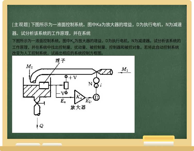 下图所示为一液面控制系统。图中Ka为放大器的增益，D为执行电机，N为减速器。试分析该系统的工作原理，并在系统