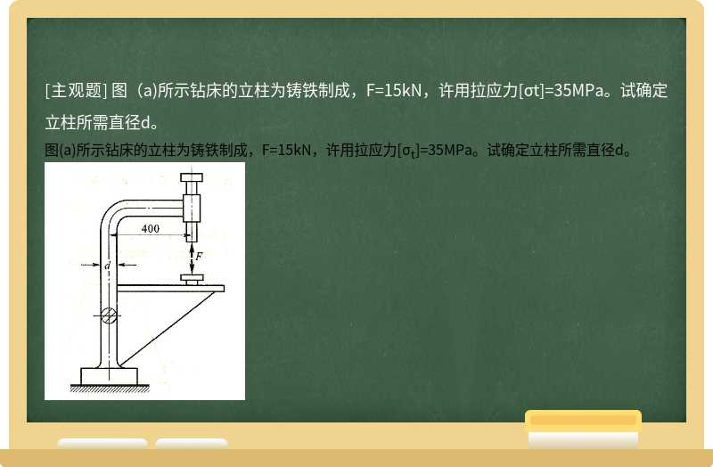 图（a)所示钻床的立柱为铸铁制成，F=15kN，许用拉应力[σt]=35MPa。试确定立柱所需直径d。