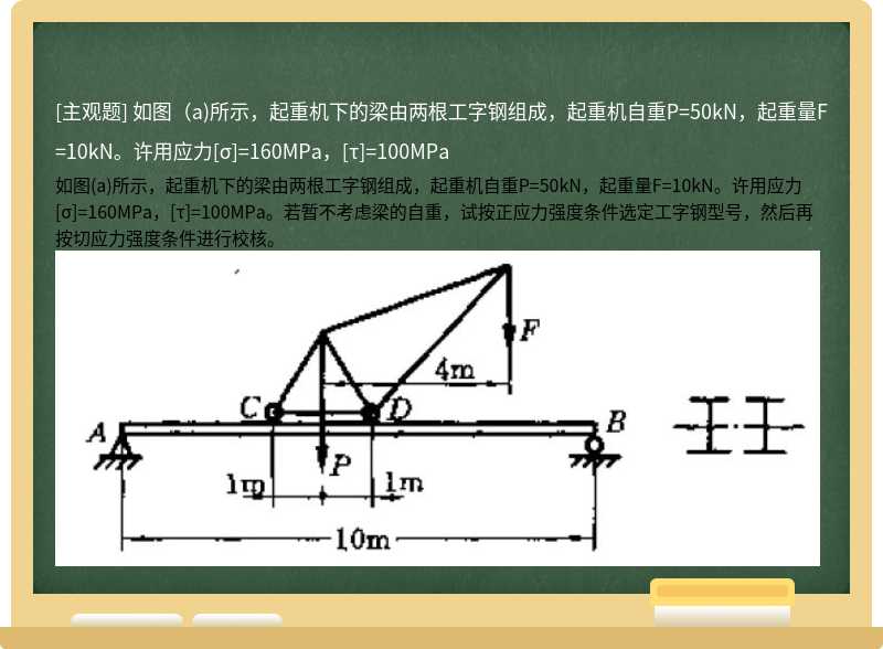 如图（a)所示，起重机下的梁由两根工字钢组成，起重机自重P=50kN，起重量F=10kN。许用应力[σ]=160MPa，[τ]=100MPa