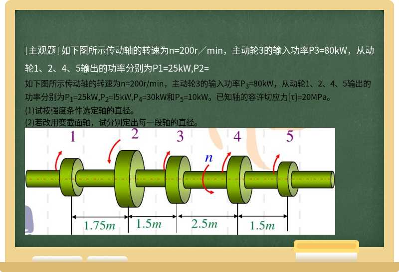 如下图所示传动轴的转速为n=200r／min，主动轮3的输入功率P3=80kW，从动轮1、2、4、5输出的功率分别为P1=25kW,P2=