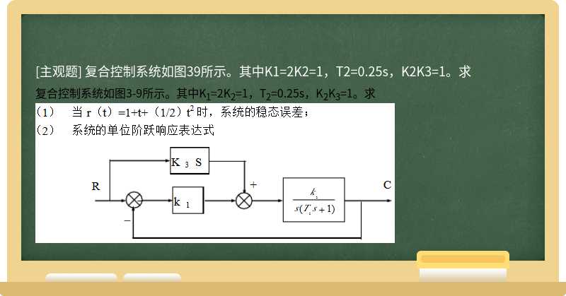 复合控制系统如图39所示。其中K1=2K2=1，T2=0.25s，K2K3=1。求