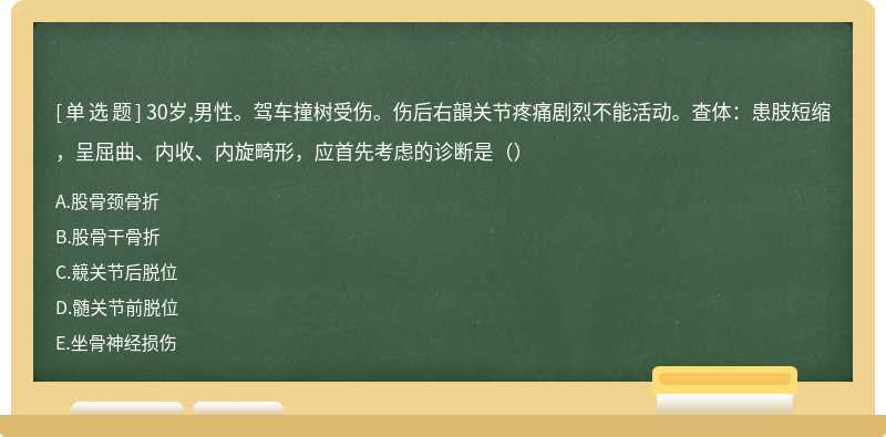 30岁,男性。驾车撞树受伤。伤后右韻关节疼痛剧烈不能活动。查体：患肢短缩，呈屈曲、内收、内旋畸形，应首先考虑的诊断是（）