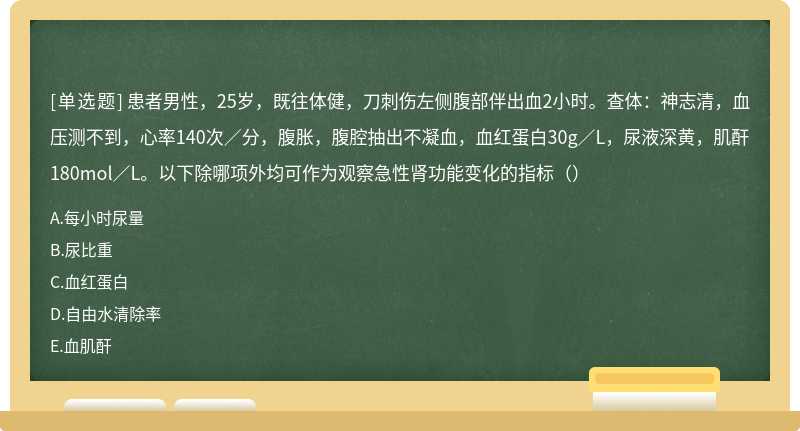 患者男性，25岁，既往体健，刀刺伤左侧腹部伴出血2小时。查体：神志清，血压测不到，心率140次∕分，腹胀，腹腔抽出不凝血，血红蛋白30g∕L，尿液深黄，肌酐180mol∕L。以下除哪项外均可作为观察急性肾功能变化的指标（）