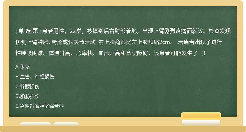 患者男性，22岁，被撞到后右肘部着地，出现上臂剧烈疼痛而就诊。检查发现伤侧上臂肿胀、畸形或假关节活动。右上肢商都比左上肢短缩2cm。 若患者出现了进行性呼吸困难、体温升高、心率快、血压升高和意识障碍，该患者可能发生了（）