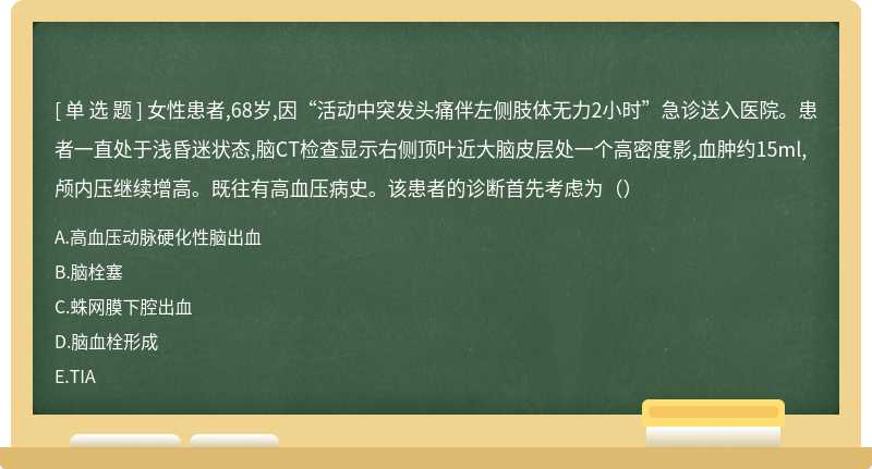 女性患者,68岁,因“活动中突发头痛伴左侧肢体无力2小时”急诊送入医院。患者一直处于浅昏迷状态,脑CT检查显示右侧顶叶近大脑皮层处一个高密度影,血肿约15ml,颅内压继续增高。既往有高血压病史。该患者的诊断首先考虑为（）