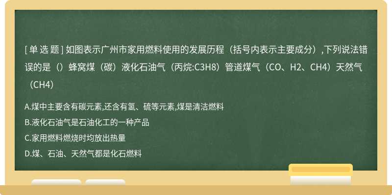 如图表示广州市家用燃料使用的发展历程（括号内表示主要成分）,下列说法错误的是（）蜂窝煤（碳）液化石油气（丙烷:C3H8）管道煤气（CO、H2、CH4）天然气（CH4）
