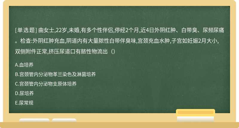 曲女士,22岁,未婚,有多个性伴侣,停经2个月,近4日外阴红肿、白带臭、尿频尿痛。检查:外阴红肿充血,阴道内有大量脓性白带伴臭味,宫颈充血水肿,子宫如妊娠2月大小,双侧附件正常,挤压尿道口有脓性物流出（）