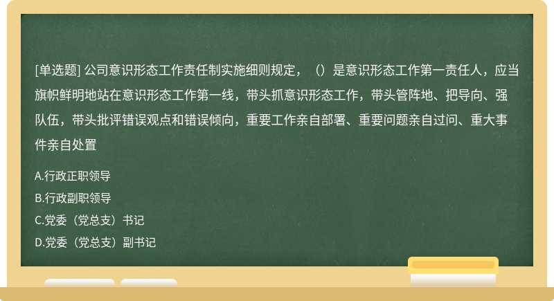 公司意识形态工作责任制实施细则规定，（）是意识形态工作第一责任人，应当旗帜鲜明地站在意识形态工作第一线，带头抓意识形态工作，带头管阵地、把导向、强队伍，带头批评错误观点和错误倾向，重要工作亲自部署、重要问题亲自过问、重大事件亲自处置