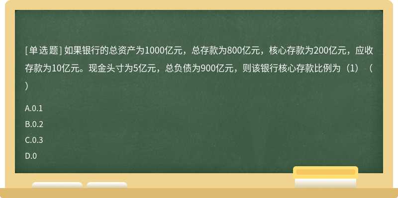 如果银行的总资产为1000亿元，总存款为800亿元，核心存款为200亿元，应收存款为10亿元。现金头寸为5亿元，总负债为900亿元，则该银行核心存款比例为（1）（）