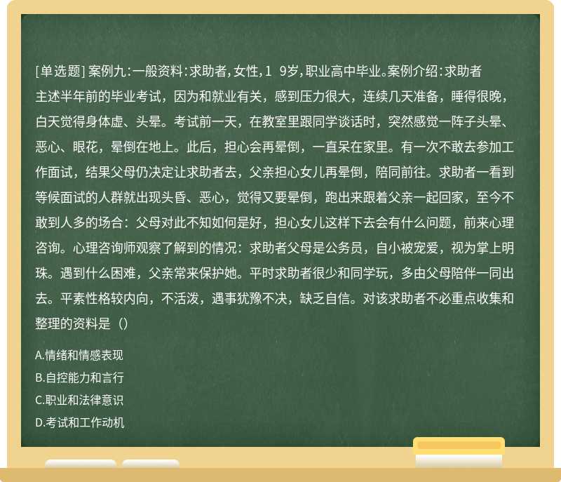 案例九：一般资料：求助者，女性，1 9岁，职业高中毕业。案例介绍：求助者主述半年前的毕业考试，因为和就业有关，感到压力很大，连续几天准备，睡得很晚，白天觉得身体虚、头晕。考试前一天，在教室里跟同学谈话时，突然感觉一阵子头晕、恶心、眼花，晕倒在地上。此后，担心会再晕倒，一直呆在家里。有一次不敢去参加工作面试，结果父母仍决定让求助者去，父亲担心女儿再晕倒，陪同前往。求助者一看到等候面试的人群就出现头昏、恶心，觉得又要晕倒，跑出来跟着父亲一起回家，至今不敢到人多的场合：父母对此不知如何是好，担心女儿这样下去会有什么问题，前来心理咨询。心理咨询师观察了解到的情况：求助者父母是公务员，自小被宠爱，视为掌上明珠。遇到什么困难，父亲常来保护她。平时求助者很少和同学玩，多由父母陪伴一同出去。平素性格较内向，不活泼，遇事犹豫不决，缺乏自信。对该求助者不必重点收集和整理的资料是（）