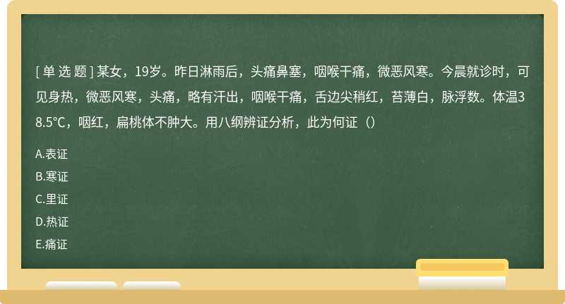 某女，19岁。昨日淋雨后，头痛鼻塞，咽喉干痛，微恶风寒。今晨就诊时，可见身热，微恶风寒，头痛，略有汗出，咽喉干痛，舌边尖稍红，苔薄白，脉浮数。体温38.5℃，咽红，扁桃体不肿大。用八纲辨证分析，此为何证（）