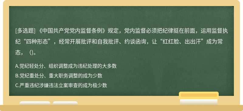 《中国共产党党内监督条例》规定，党内监督必须把纪律挺在前面，运用监督执纪“四种形态”，经常开展批评和自我批评、约谈函询，让“红红脸、出出汗”成为常态，（)。