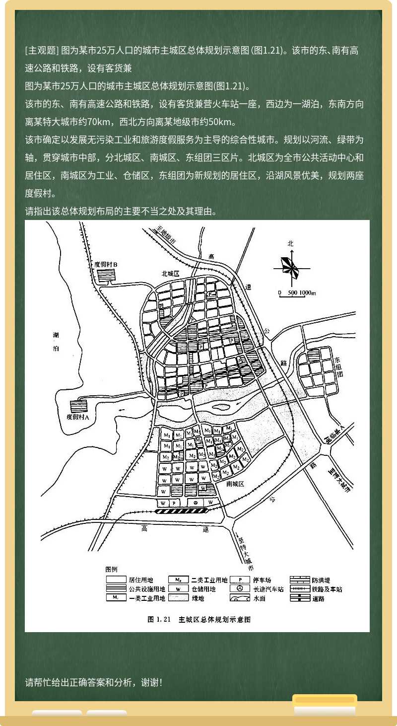 图为某市25万人口的城市主城区总体规划示意图（图1.21)。 该市的东、南有高速公路和铁路，设有客货兼