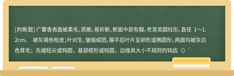 广藿香表面被柔毛，质脆，易折断，断面中部有髓，老茎类圆柱形，直径 1～1.2cm， 被灰褐色栓皮；叶对生，皱缩成团，展平后叶片呈卵形或椭圆形，两面均被灰白色茸毛；先端短尖或钝圆，基部楔形或钝圆，边缘具大小不规则的钝齿（）