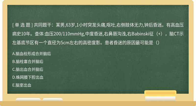 共同题干：某男,63岁,1小时突发头痛,呕吐,右侧肢体无力,钟后昏迷。有高血压病史10年。查体:血压200/110mmHg,中度昏迷,右鼻唇沟浅,右Babinski征（+），脑CT示左基底节区有一个直径为5cm左右的高密度影。患者昏迷的原因最可能是（）