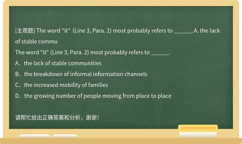 The word "it" （Line 3, Para. 2) most probably refers to ______.A．the lack of stable commu