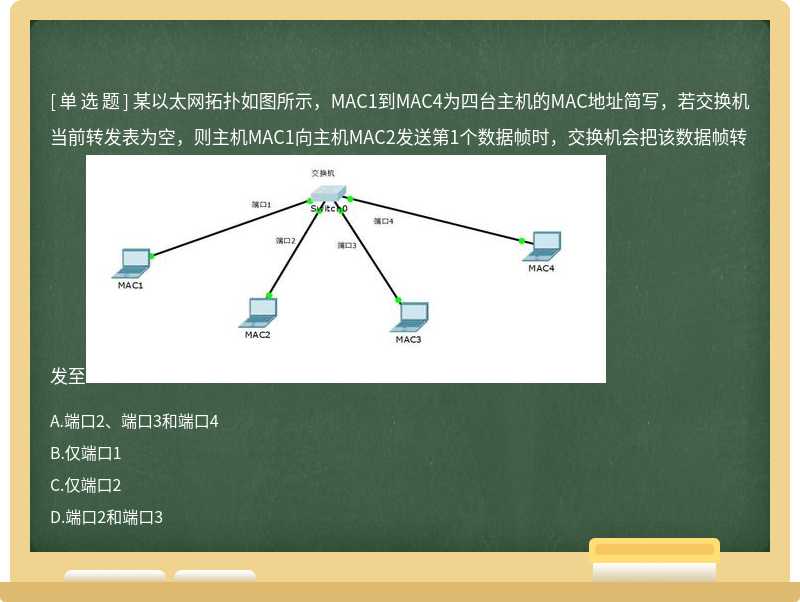 某以太网拓扑如图所示，MAC1到MAC4为四台主机的MAC地址简写，若交换机当前转发表为空，则主机MAC1向主机MAC2发送第1个数据帧时，交换机会把该数据帧转发至