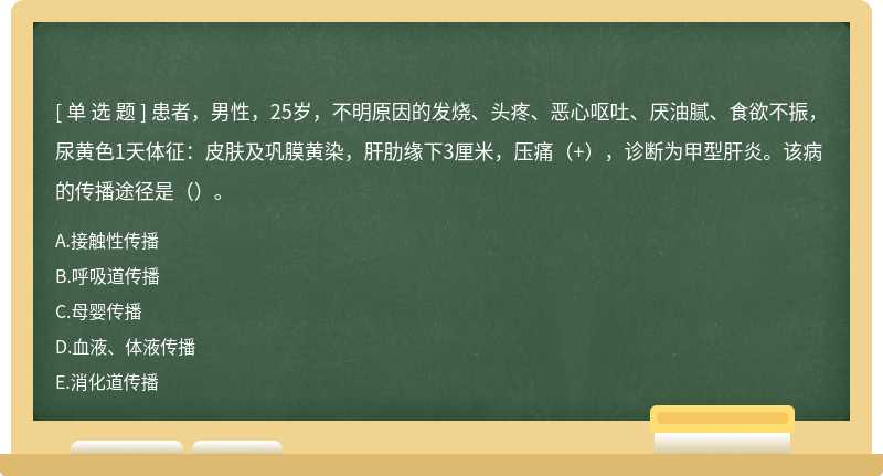 患者，男性，25岁，不明原因的发烧、头疼、恶心呕吐、厌油腻、食欲不振，尿黄色1天体征：皮肤及巩膜黄染，肝肋缘下3厘米，压痛（+），诊断为甲型肝炎。该病的传播途径是（）。