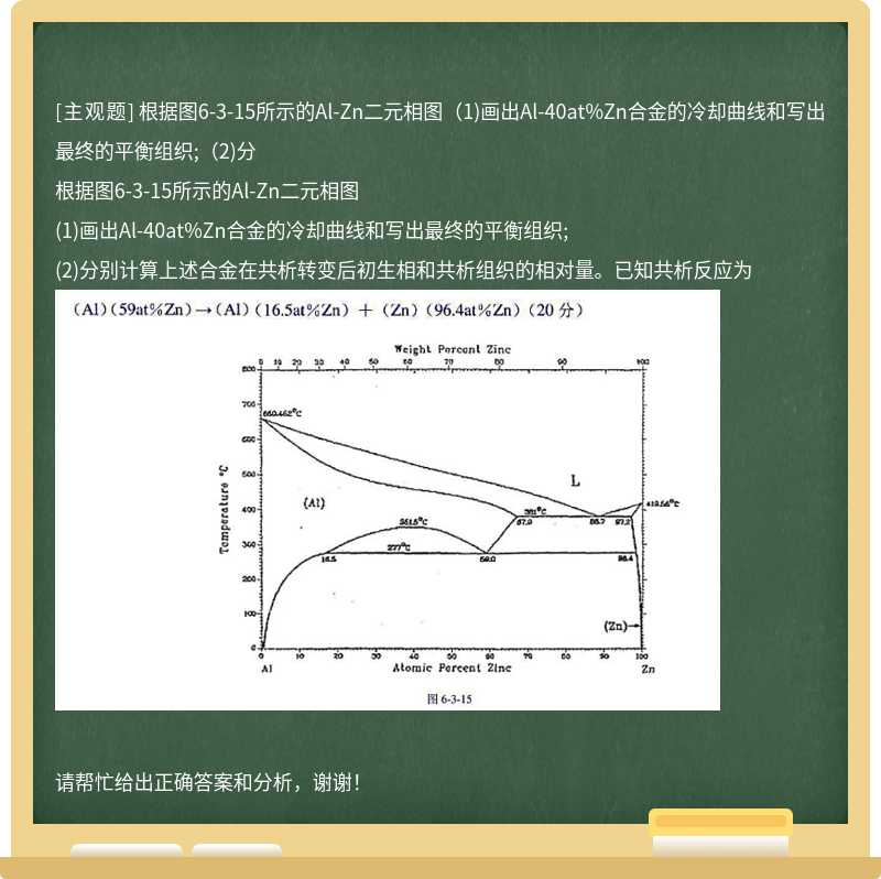 根据图6-3-15所示的Al-Zn二元相图(1)画出Al-40at%Zn合金的冷却曲线和写出最终的平衡组织;(2)分