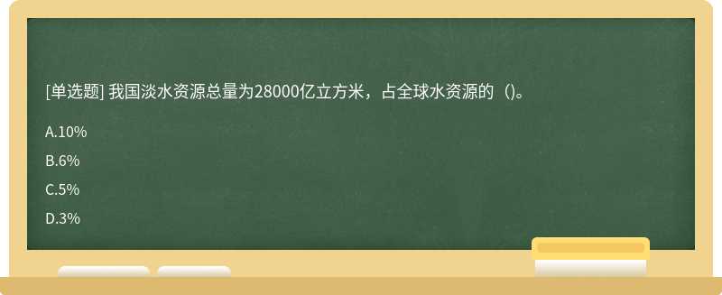 我国淡水资源总量为28000亿立方米，占全球水资源的（)。