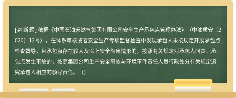 依据《中国石油天然气集团有限公司安全生产承包点管理办法》（中油质安〔2020〕12号），在体系审核或者安全生产专项监督检查中发现承包人未按规定开展承包点检查督导，且承包点存在较大及以上安全隐患情形的，按照有关规定对承包人问责。承包点发生事故的，按照集团公司生产安全事故与环境事件责任人员行政处分有关规定追究承包人相应的领导责任。（）