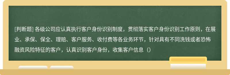 各级公司应认真执行客户身份识别制度，贯彻落实客户身份识别工作原则，在展业、承保、保全、理赔、客户服务、收付费等各业务环节，针对具有不同洗钱或者恐怖融资风险特征的客户，认真识别客户身份，收集客户信息（）